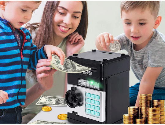 Cutie de Bani Electronic Atm Safe pentru Copii likesmart Safebank Lumină Sunete Deschidere cu Pin Ușă Deschisă Alertă Negru