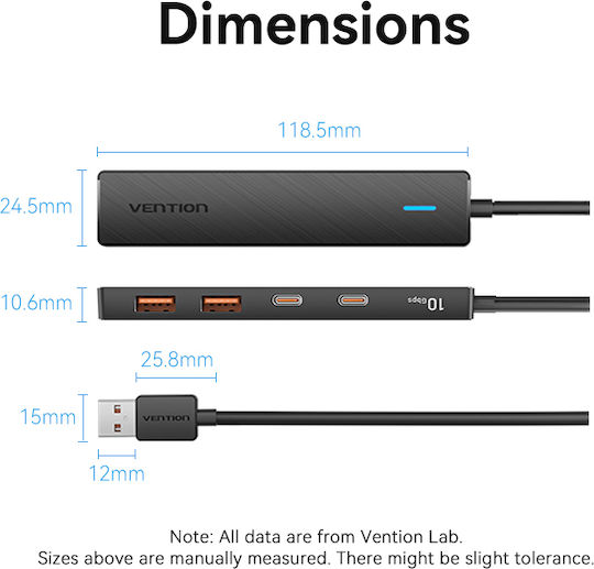Vention USB 3.2 Хъб 5 порта с връзка USB-A и Зарядно Порт Черен