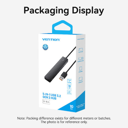 Vention USB 3.2 Хъб 5 порта с връзка USB-A и Зарядно Порт Черен
