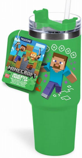 Paladone Sticlă Pentru Copii Minecraft Din Oțel Inoxidabil Cu Pai Verde 900ml