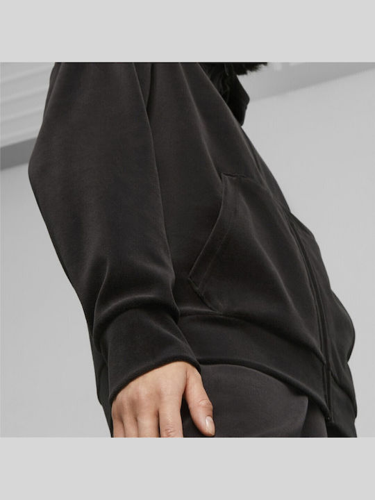Elevated Women's Sweatshirt Jacket Velvet Hooded Black