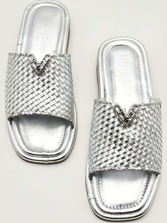 Leather Women's Flat Sandals in Silver Color
