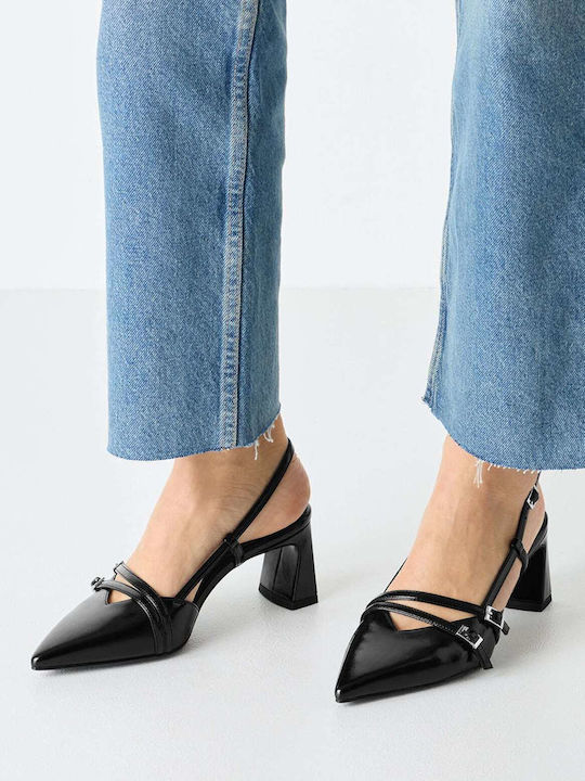 Synthetic Leather Black Heels with Strap
