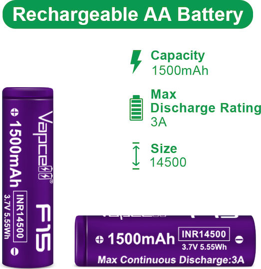 Battery Vapcell 14500 F15 1500mah 3a