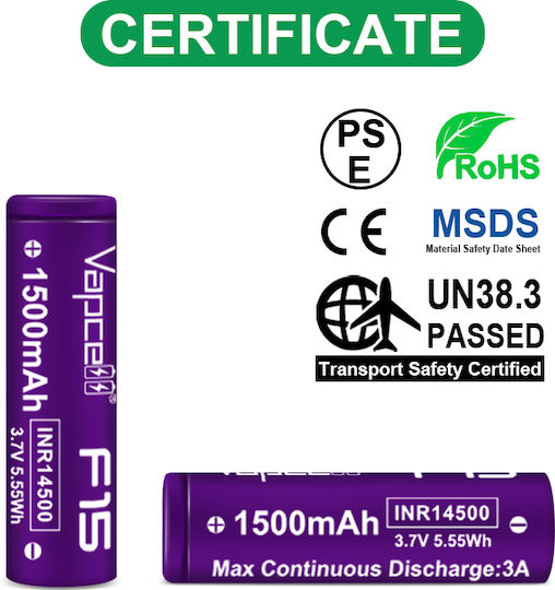Battery Vapcell 14500 F15 1500mah 3a