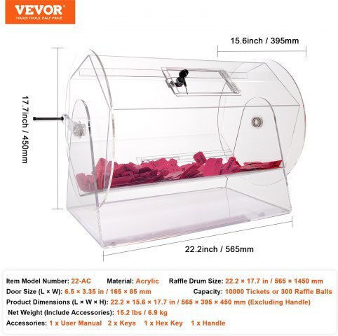Vevor Acrylic Raffle Drum Holds 10000 Tickets 300 Raffle Balls Professional Raffle Ticket Spinning Cage 2 Keys Transparent Lottery Spinning Drawing Raffle Ticket Box Lottery Games Bing