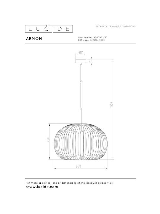 Lucide Lightning Pendant Light Black 52x52x180cm