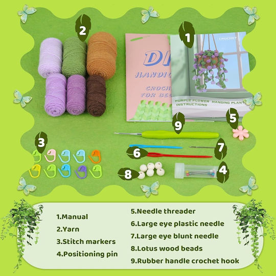 Diy Häkelhängender Blumenampel Set – Komplettes Bastelset Zubehör Videoanleitung Grüne Lila