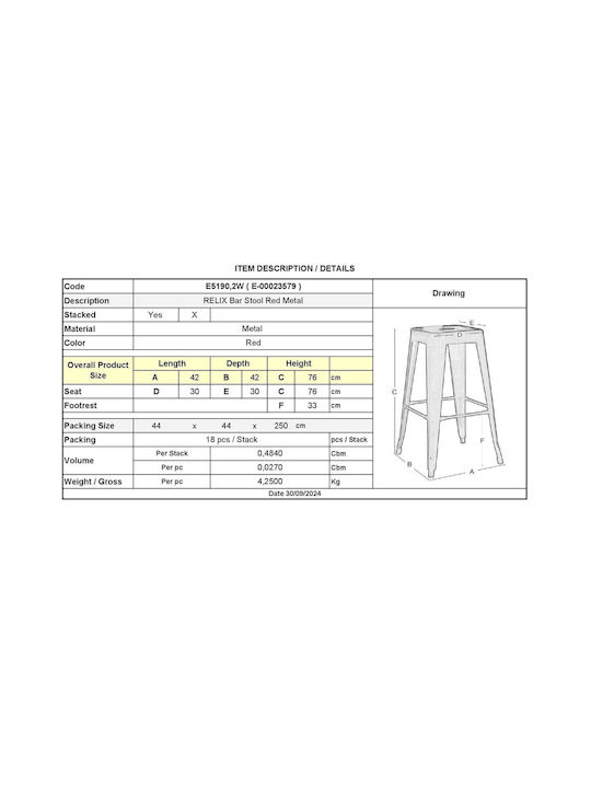 Stool for Bar Outdoor Relix Red 42x42x76cm