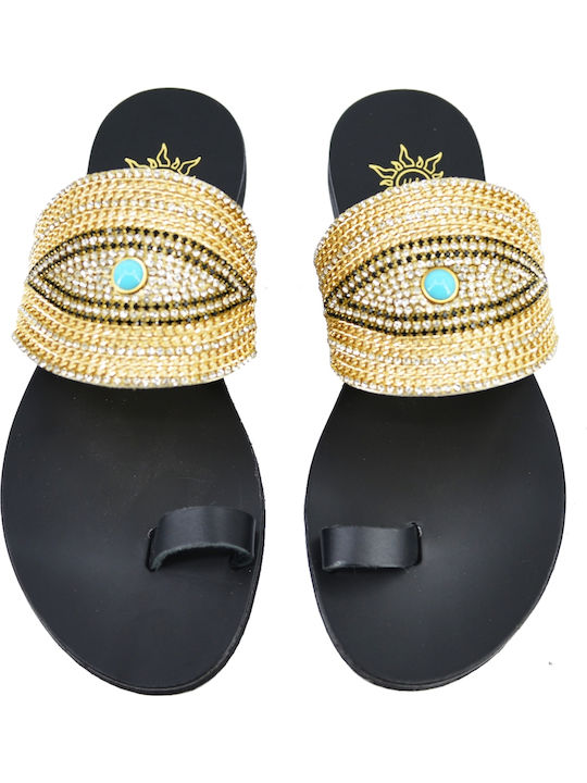 Leder Flache Sandalen für Damen Black/Gold