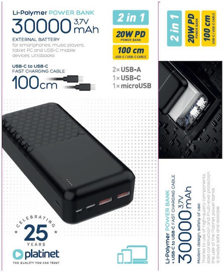Platinet PMPB300P19 Power Bank 30000mAh 22.5W with 2 USB-A Ports and USB-C Port Power Delivery Black