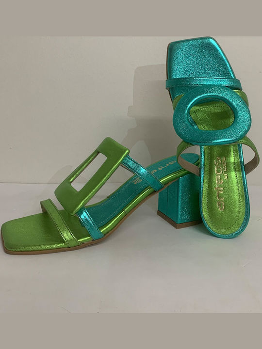 Leather Mules with High Heel in Green Color