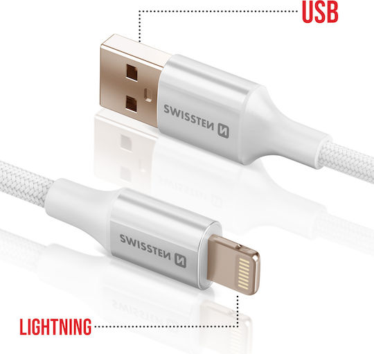 Swissten USB To Lightning Кабел Плетен Дизайн Анти-усукване Бял