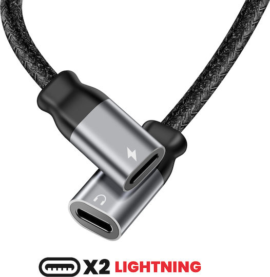 Swissten 2-in-1 Audio Lightning Charging Splitter Braided Nylon Anti-knot Black