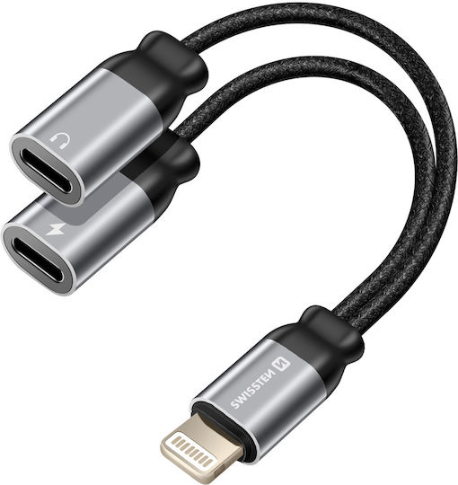 Swissten 2-in-1 Audio Lightning Charging Splitter Braided Nylon Anti-knot Black