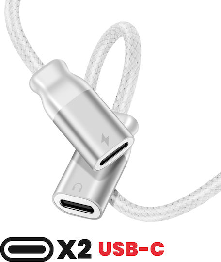 Swissten 2-in-1 Audio USB-C Charging Splitter Braided Nylon Anti-Knot White
