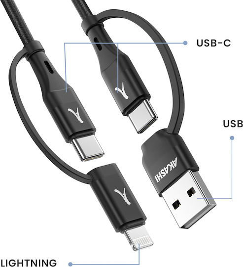 Akashi Mehrere Anschlusskabel 4 In 1 Usb-c Usb Zu Usb-c Lightning Ladung 20w 1m Schwarzes