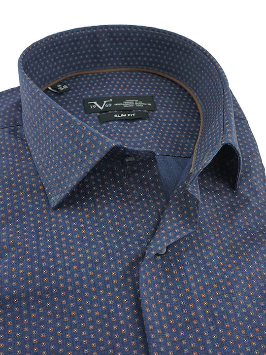 Versace 19.69 Herrenhemden Baumwoll Langärmeliges Hemd Ravenna Dunkelblau Enge Passform 11.26.ravenna 70% Baumwolle 30% Polyester