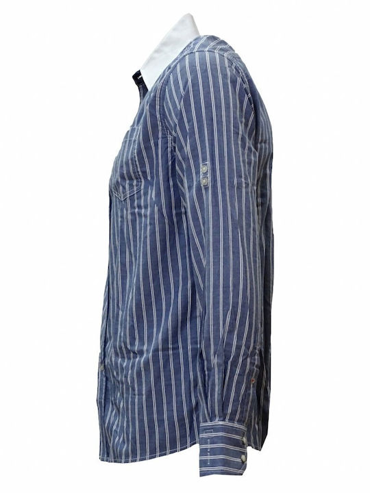 Luciano Faketti Πουκάμισο Κομποζέ Λευκό Γιακά Μανσέτες Slim Fit Βαμβακερό Ριγέ Σιελ