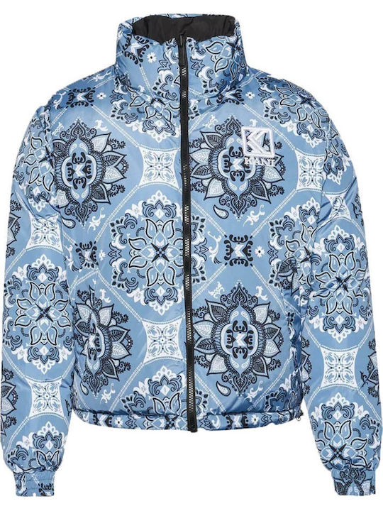 Women's Short Puffer Jacket Double Sided for Winter Light Blue