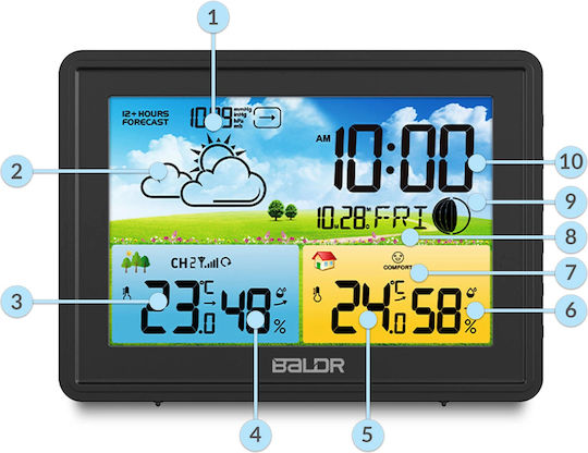 Wireless Weather Station IDL Baldr+ Outdoor Sensor Hygrometer Barometer Weather Forecast Moon Phases Comfort Level Icon Alarm Clock Backlit Display Black Color