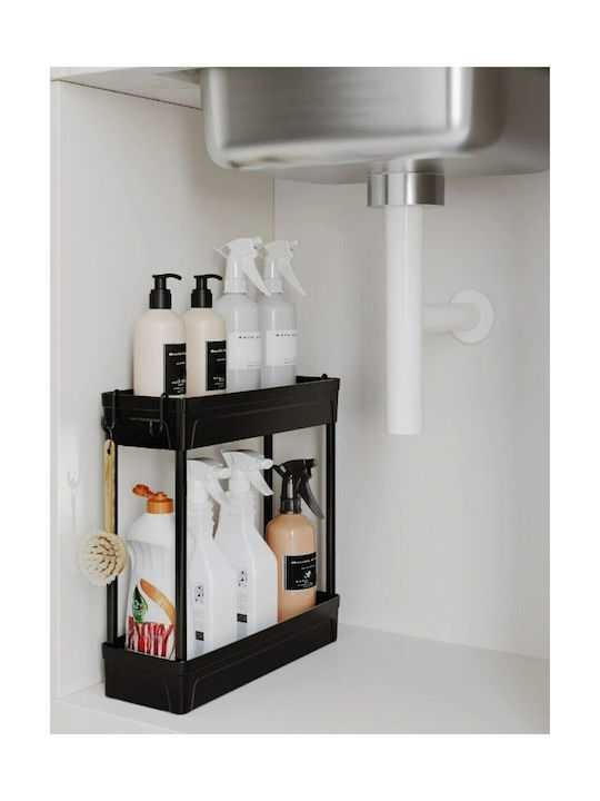 Femmit Multifunctional Sink Organizer Rack – 2-Tier Shelf with Hooks & Non-Slip Base Plastic Black 39x36x13 Cm