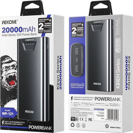 WK WP-121 Power Bank 20000mAh με 2 Θύρες USB-A Μαύρο