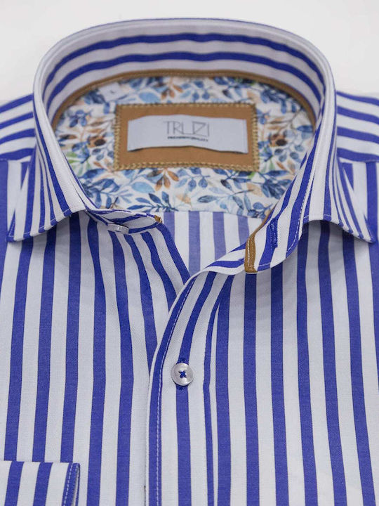 Long Sleeve Cotton Shirt in Regular Fit Striped Blue