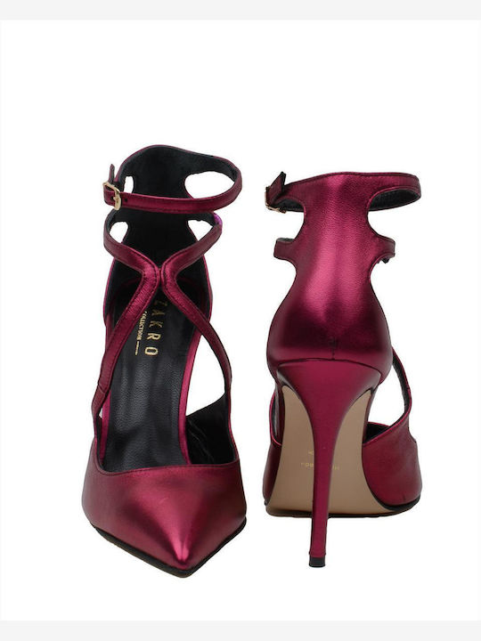 Leather Pointed Toe Fuchsia Heels with Strap