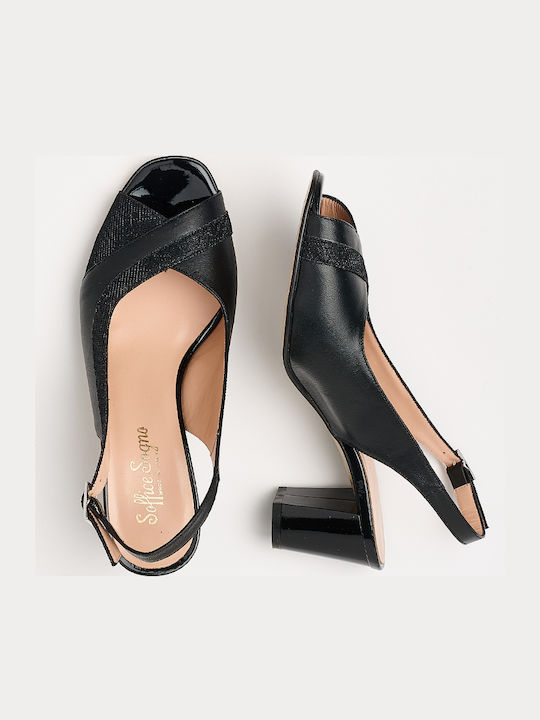Leder Pumps mit Riemchen & mittelhoher Absatz Schwarz