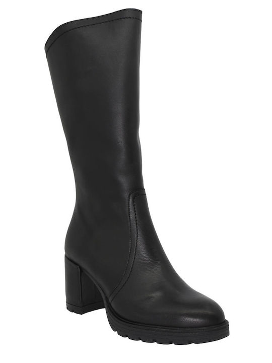 Leather Medium Heel Women's Boots with Zipper Black