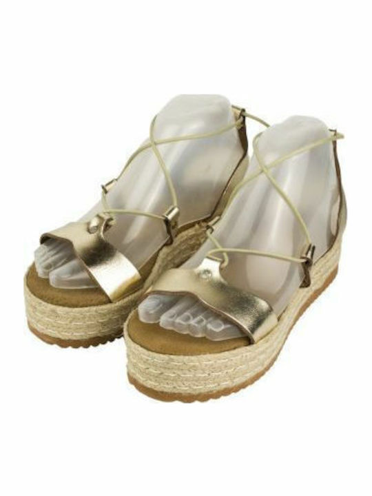 Δερμάτινα Γυναικεία Σανδάλια Flatforms Χρυσά