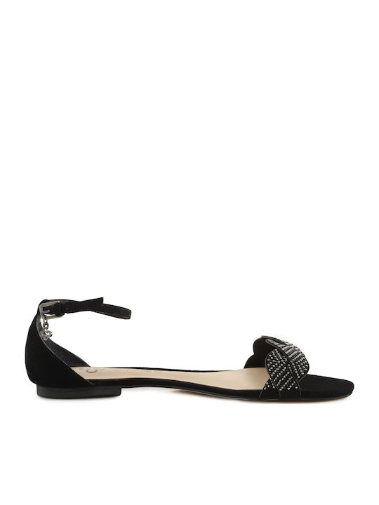 Leather Women's Flat Sandals in Black Color