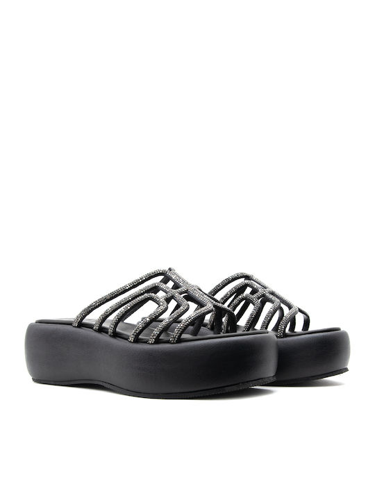 Δερμάτινα Γυναικεία Σανδάλια Flatforms Μαύρα
