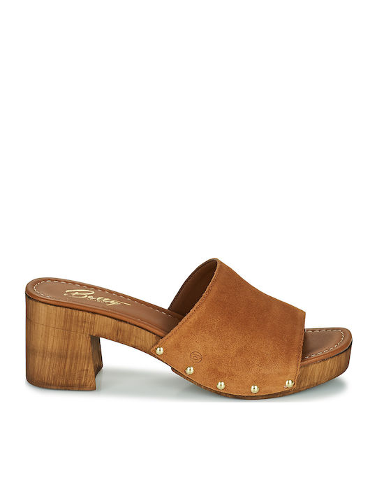 Lifou Mules με Χοντρό Ψηλό Τακούνι σε Καφέ Χρώμα