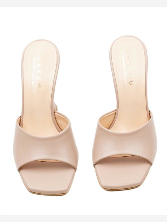 Leather Mules with Thin High Heel in Beige Color
