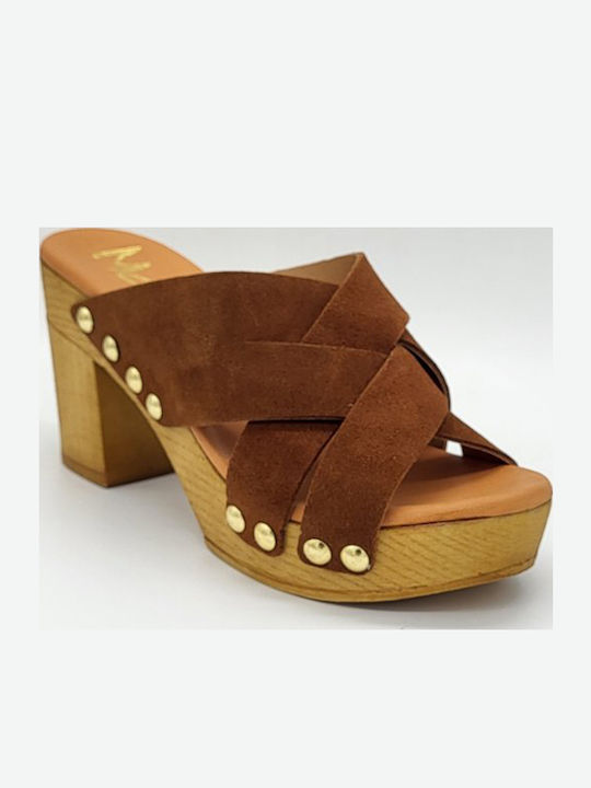 Leather Mules with Chunky High Heel in Tabac Brown Color