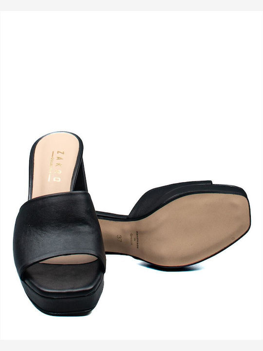 Leather Mules with Chunky High Heel in Black Color