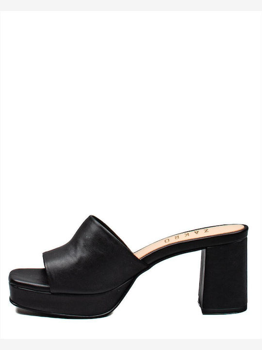 Leather Mules with Chunky High Heel in Black Color
