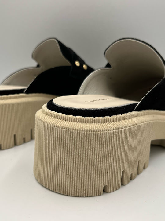 Suede Mules με Χοντρό Ψηλό Τακούνι σε Μαύρο Χρώμα
