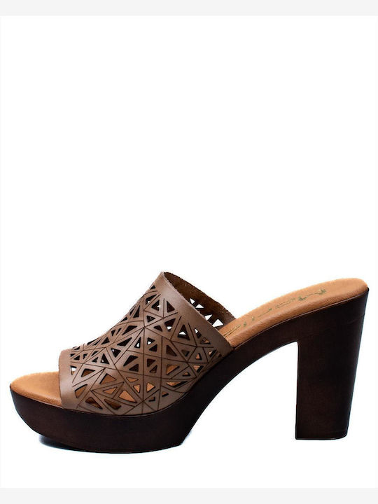 Leather Mules with Heel in Beige Color