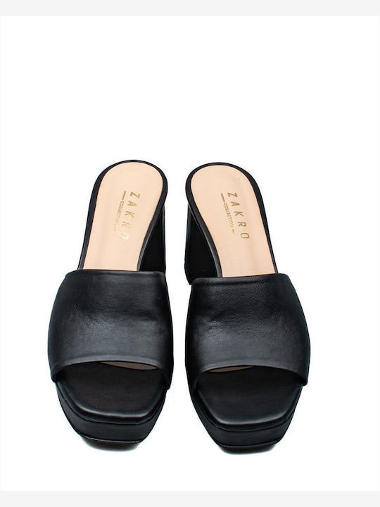 Leather Mules with Chunky High Heel in Black Color