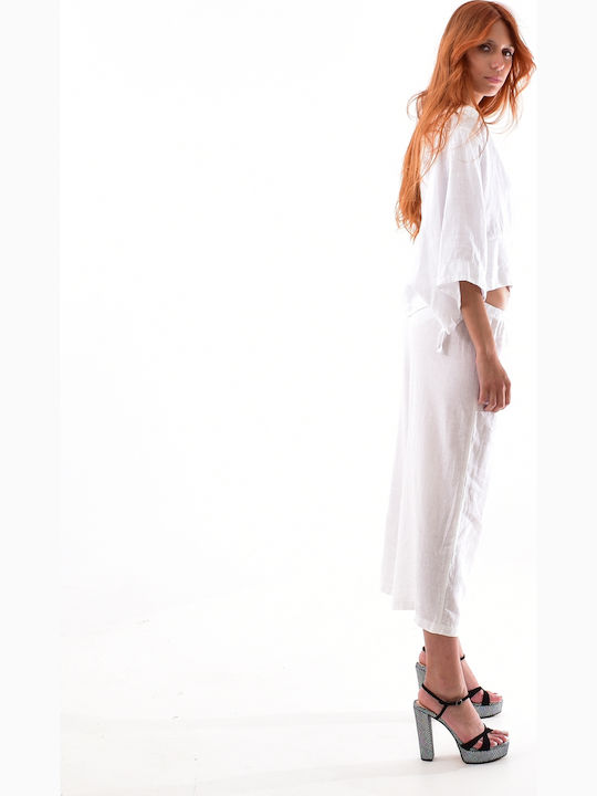 Women's Summer Blouse Linen Long Sleeve with V Neckline White