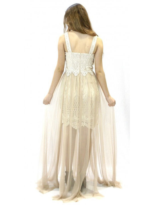 Maxi Dress for Wedding - Christening with Lace Beige