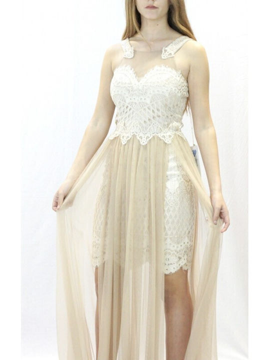 Maxi Dress for Wedding - Christening with Lace Beige