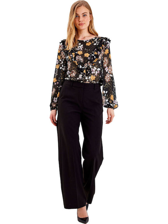 Langärmelig Damen Hemd Black Blumen