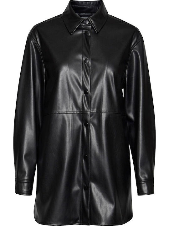 Langärmelig Damen Leder Hemd Black (80001/black) Monochrom