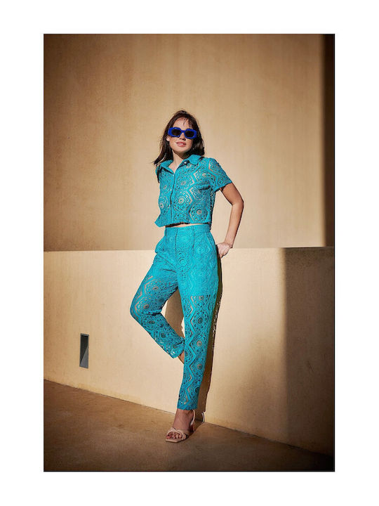 Women's Monochrome Short Sleeve Shirt Turquoise