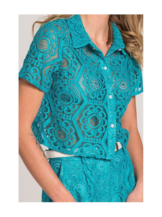 Women's Monochrome Short Sleeve Shirt Turquoise