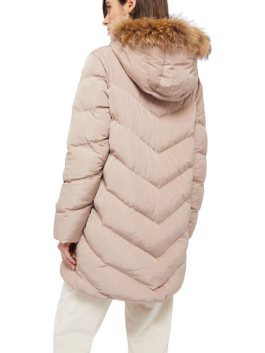 Scurtă Jachetă de femei Puffer cu glugă de blană Beige